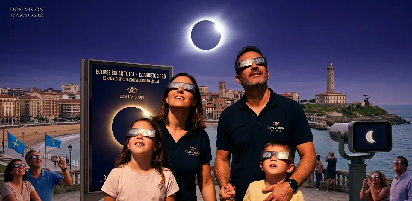 Familia en Asturias viendo el eclipse solar total del 12 de agosto de 2026 con gafas Don Visi&oacute;n frente a la playa